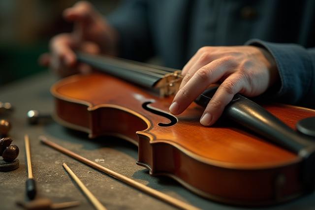Mains d'un luthier travaillant sur un violon dans un atelier