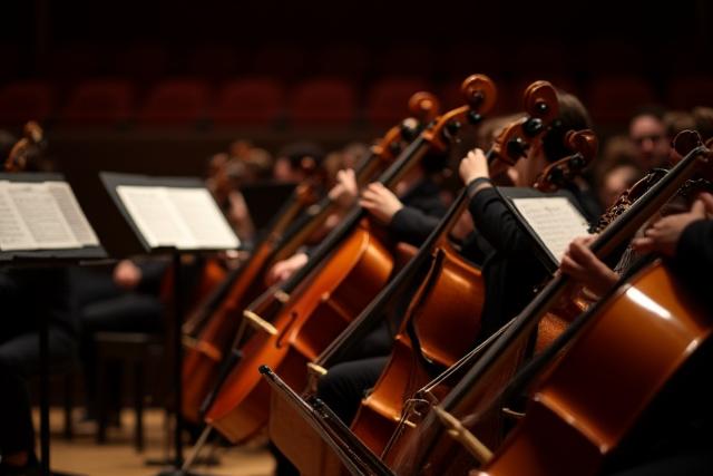 Pupitre de violons dans une fosse d'orchestre, prêt pour un concert